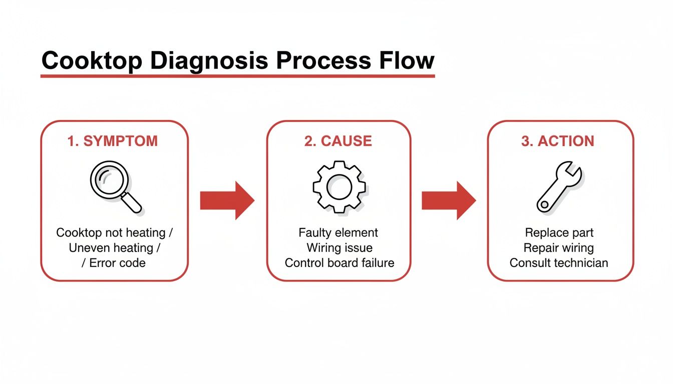A clear flowchart illustrating the cooktop diagnosis process, from common symptoms to potential causes and actions.