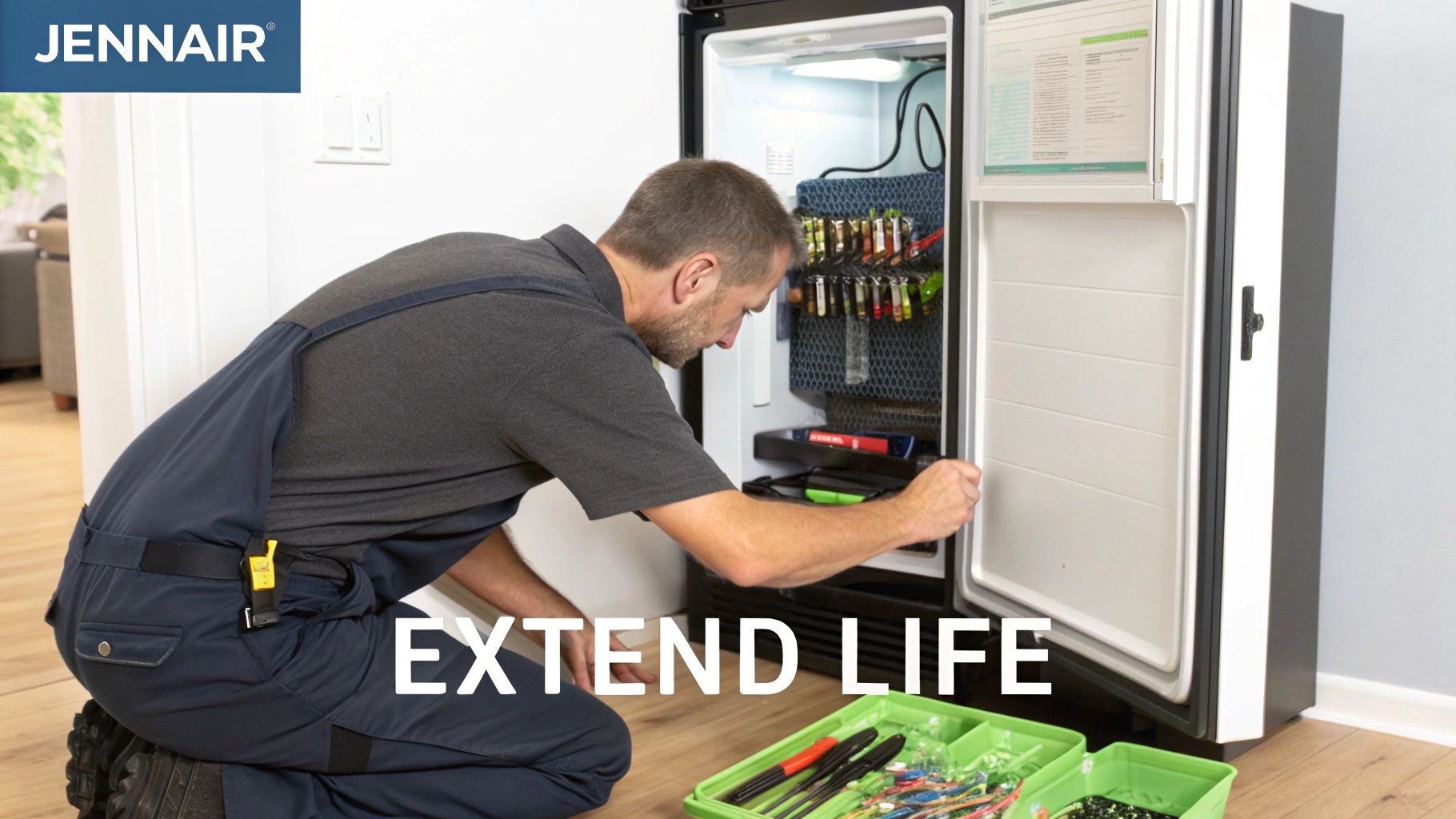 A service technician works on a JennAir appliance, kneeling by an open refrigerator door with tools.