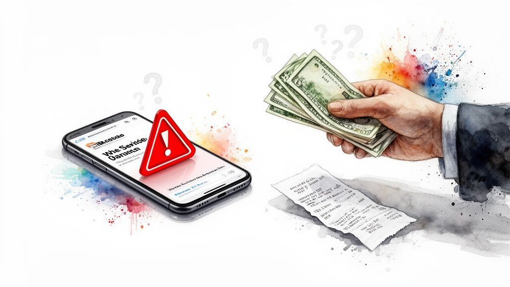A smartphone with an error warning, a hand holding cash, and a crumpled receipt, depicting financial issues with watercolor splashes.