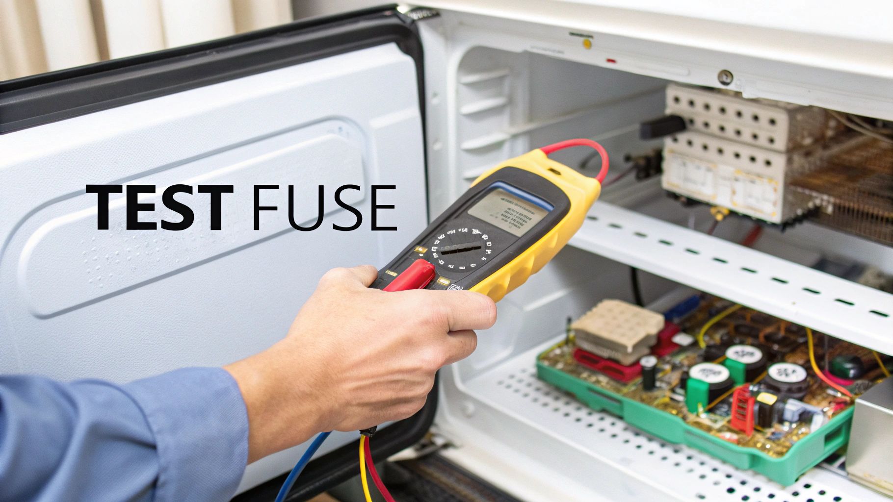 Technician using multimeter to test fuse in Samsung dryer electrical control board panel