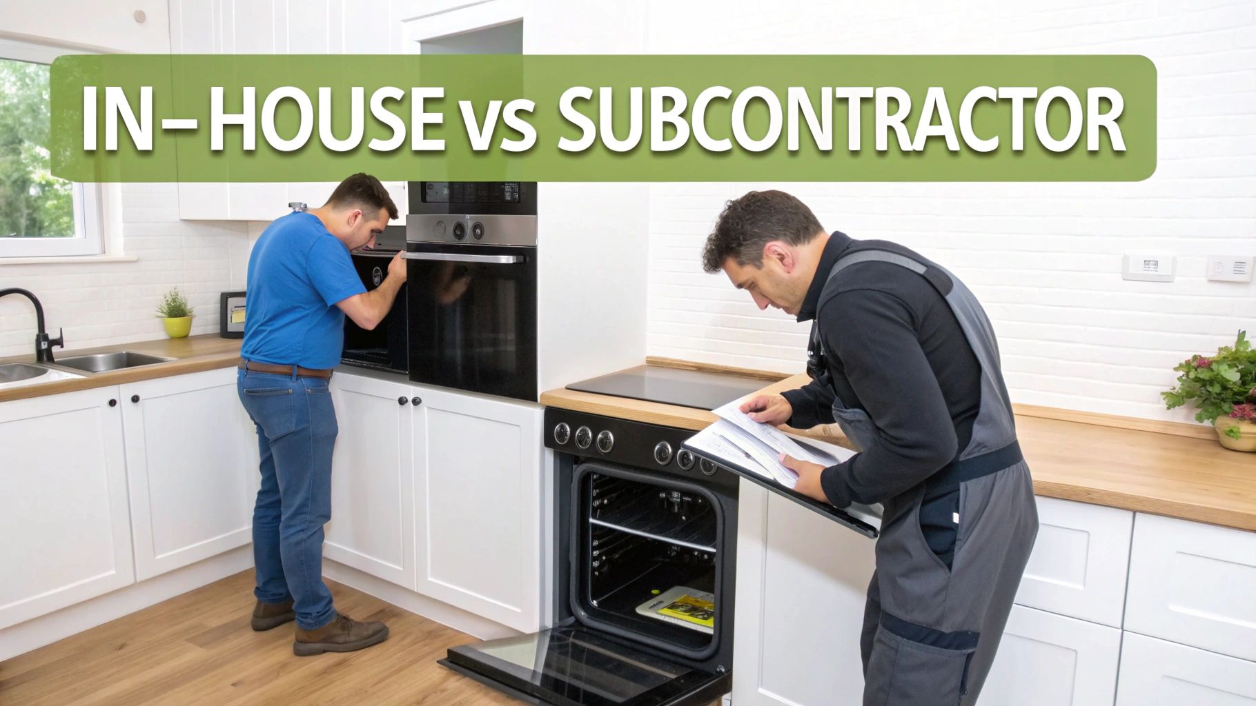 Two appliance technicians, possibly in-house or subcontractor, working on ovens in a modern kitchen.