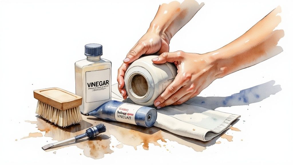 Hands cleaning a white container with vinegar and brushes, surrounded by cleaning supplies.