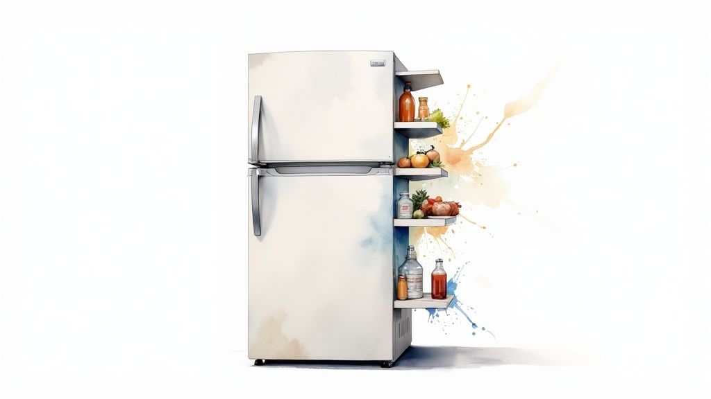 A white two-door refrigerator with open shelves on the right displaying fresh produce and bottles, surrounded by colorful watercolor splatters.