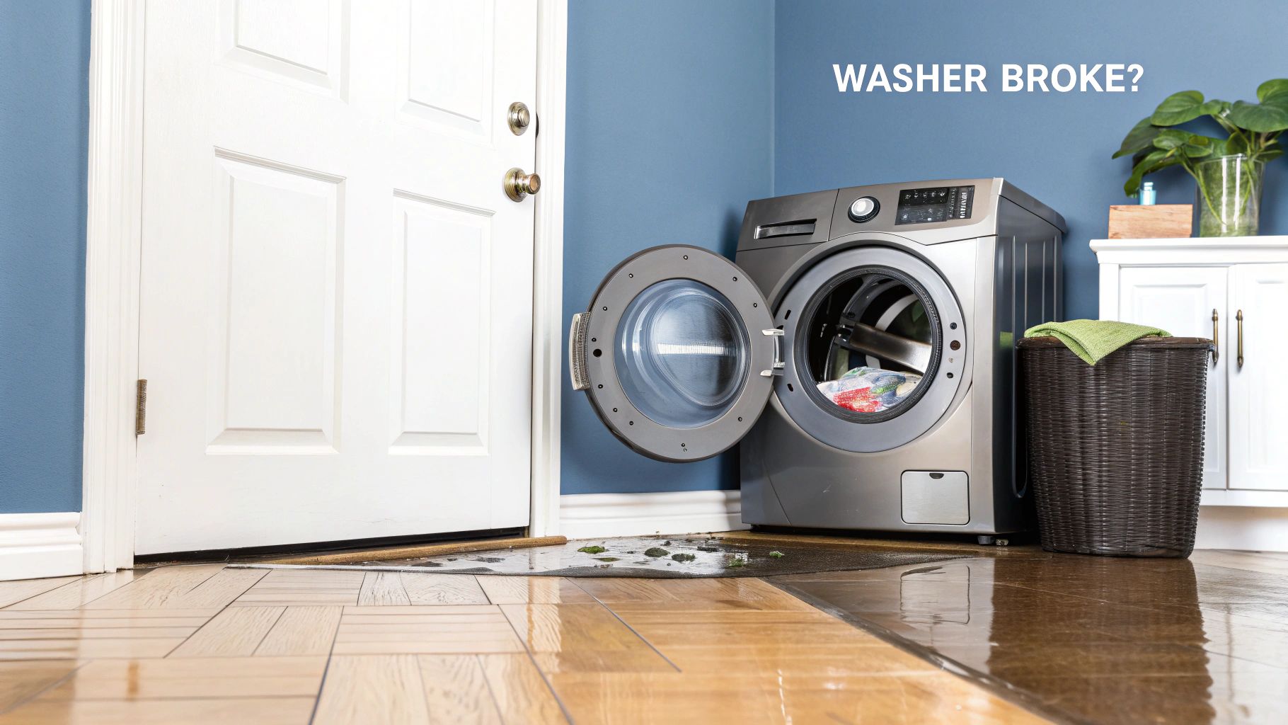 A broken washing machine leaks water onto a wooden floor, next to a laundry basket and a white door.