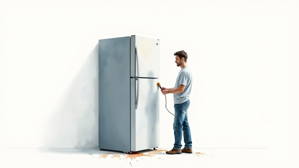A man in a t-shirt and jeans uses a hairdryer to defrost a large, leaking refrigerator.