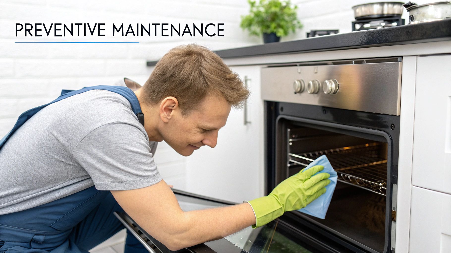 A man in green gloves cleaning the inside of a stainless steel oven during preventive maintenance.