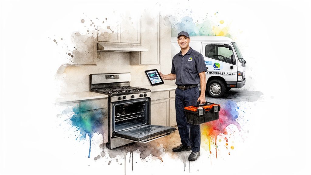 Smiling appliance technician with tablet and toolbox next to a gas range in a kitchen.