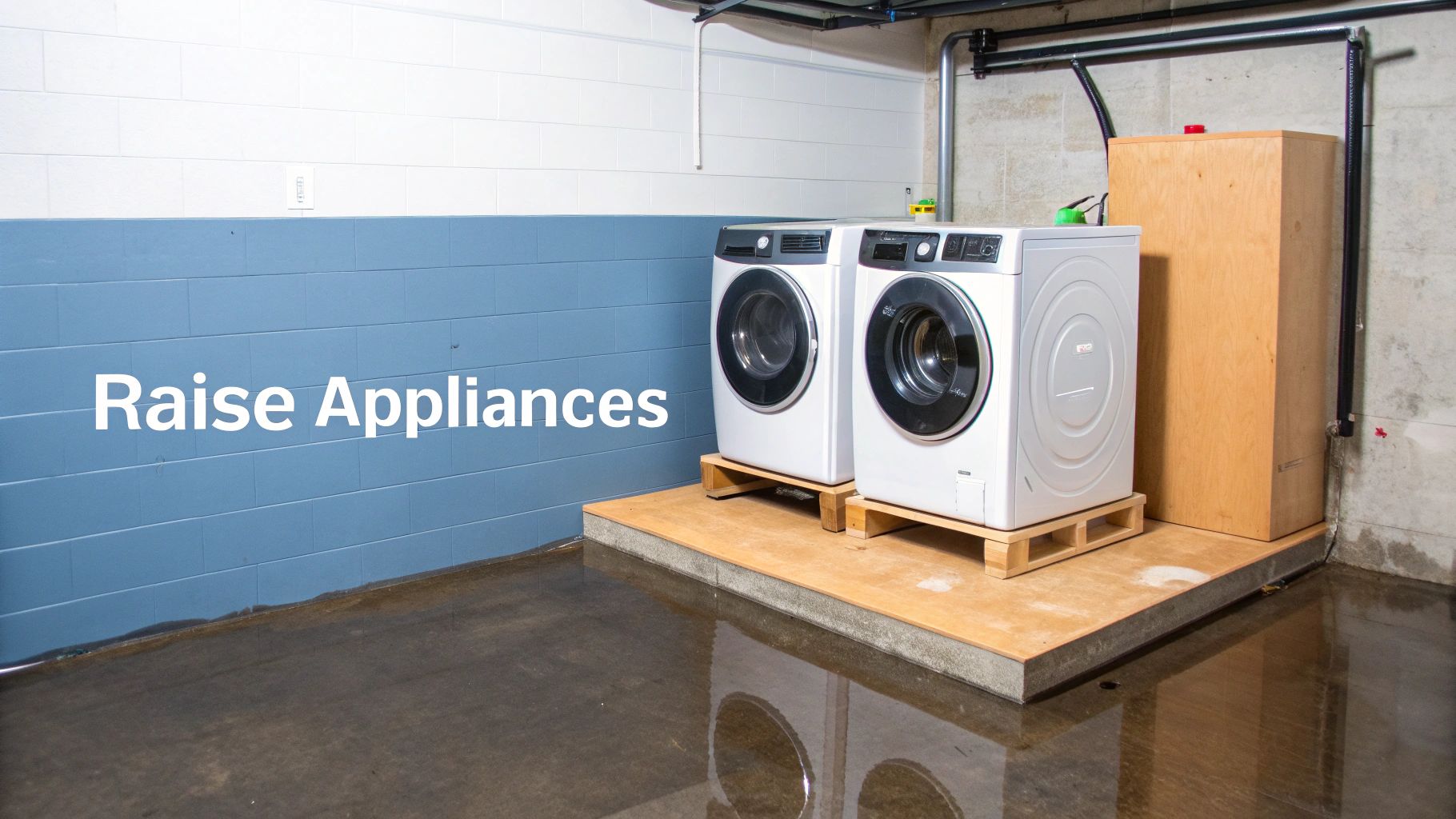 Front-loading washer and dryer raised on wooden pallets in a flooded basement.