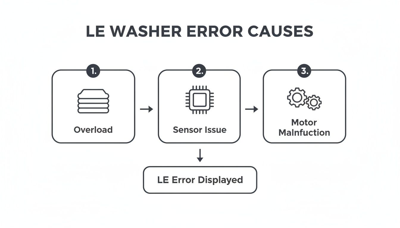 Flowchart illustrating LE washer error causes, including overload, sensor issue, and motor malfunction, leading to an LE error.