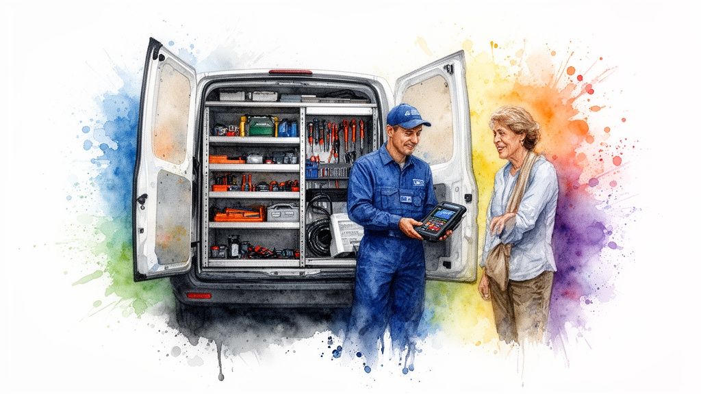 A service technician shows a tablet to an older woman by a tool-filled service van.