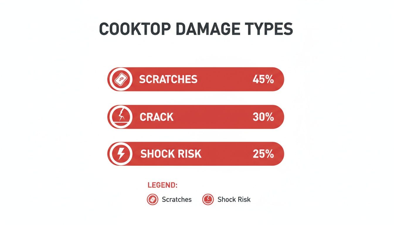 Infographic displaying various cooktop damage types: scratches, crack, and shock risk with percentages.
