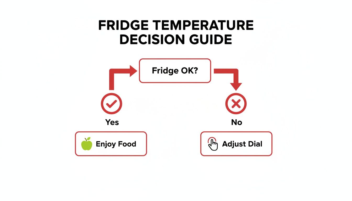 A flowchart illustrating a fridge temperature decision guide, leading to enjoying food or adjusting the dial.