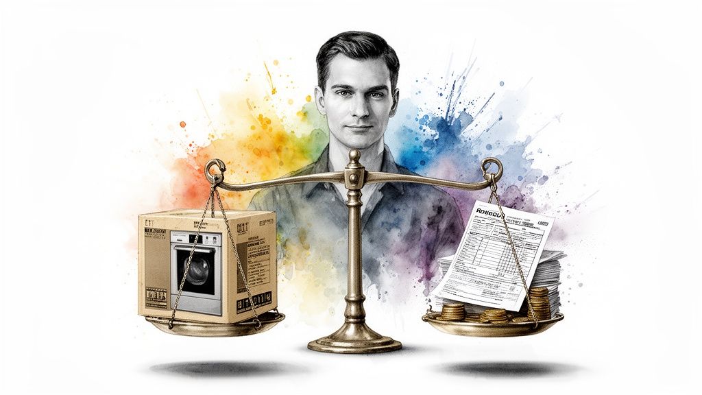 A man balancing a washing machine in a box against money and documents on a scale.