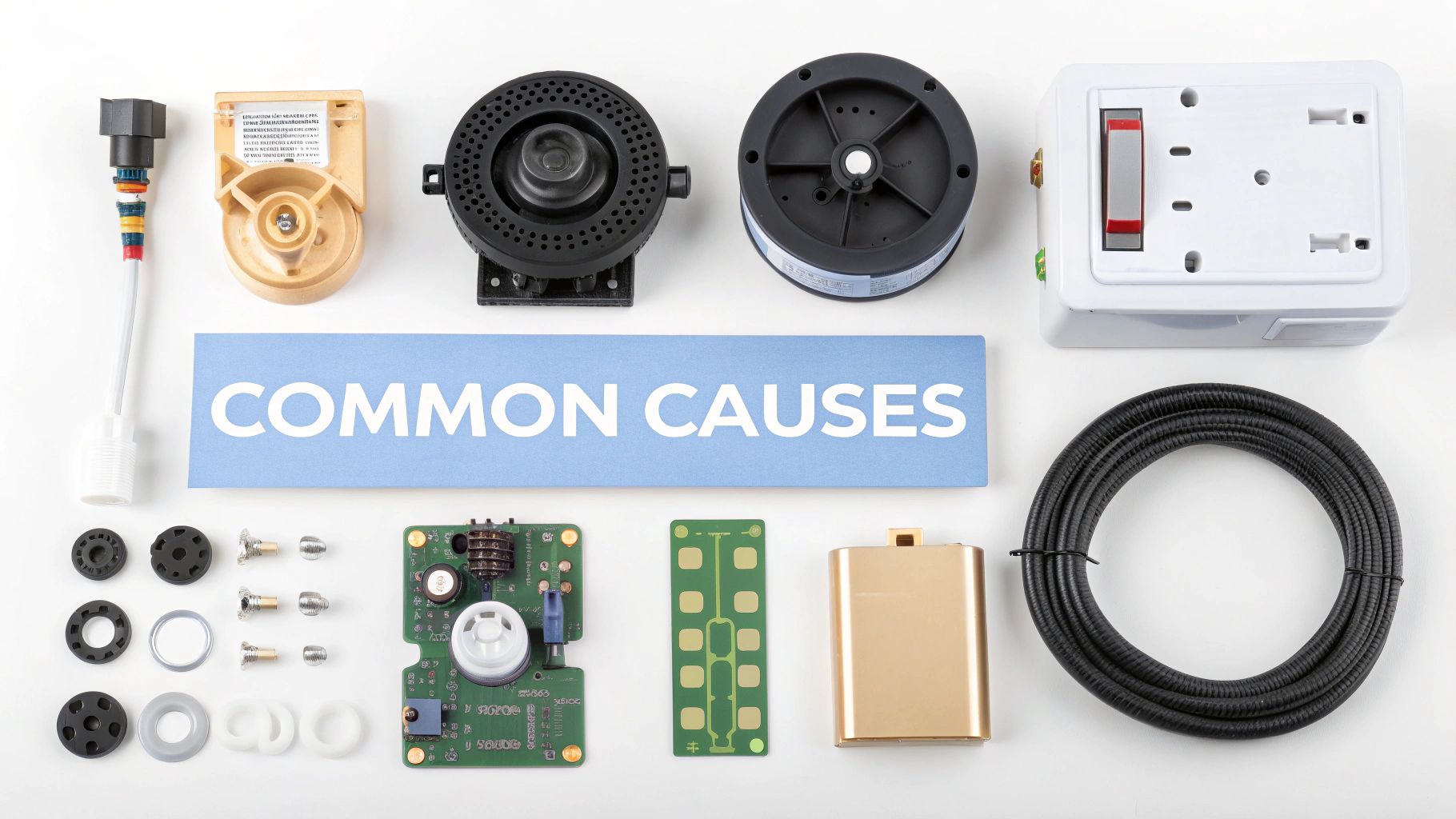 A flat lay of various machine and electronic components, small parts, and a 'COMMON CAUSES' sign.