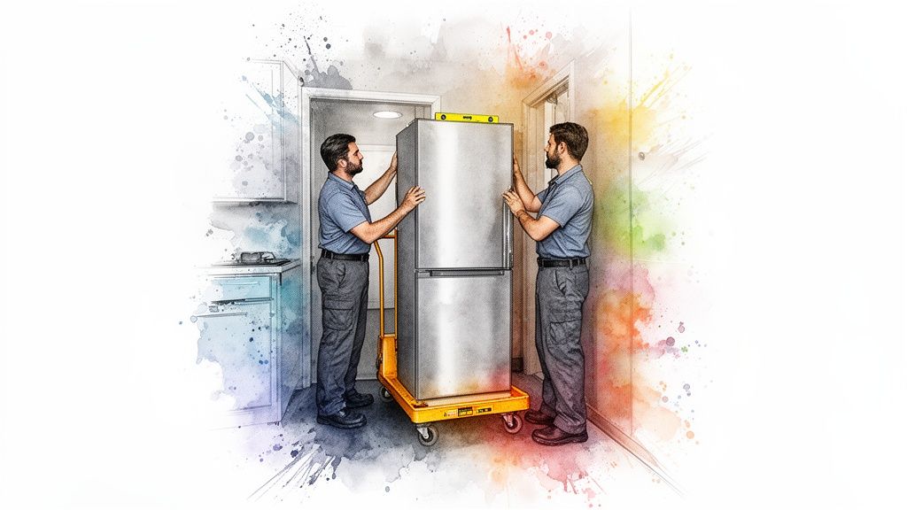 Two men carefully moving a stainless steel refrigerator on a yellow dolly into a kitchen.