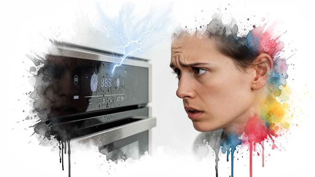 A worried woman looks at a malfunctioning digital appliance with a lightning bolt effect.
