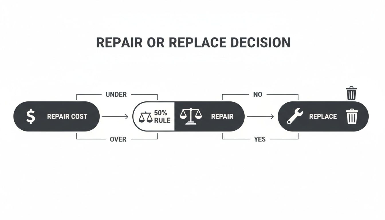 A flowchart outlining the decision process for repair or replacement of an item, considering repair cost and a 50% rule.