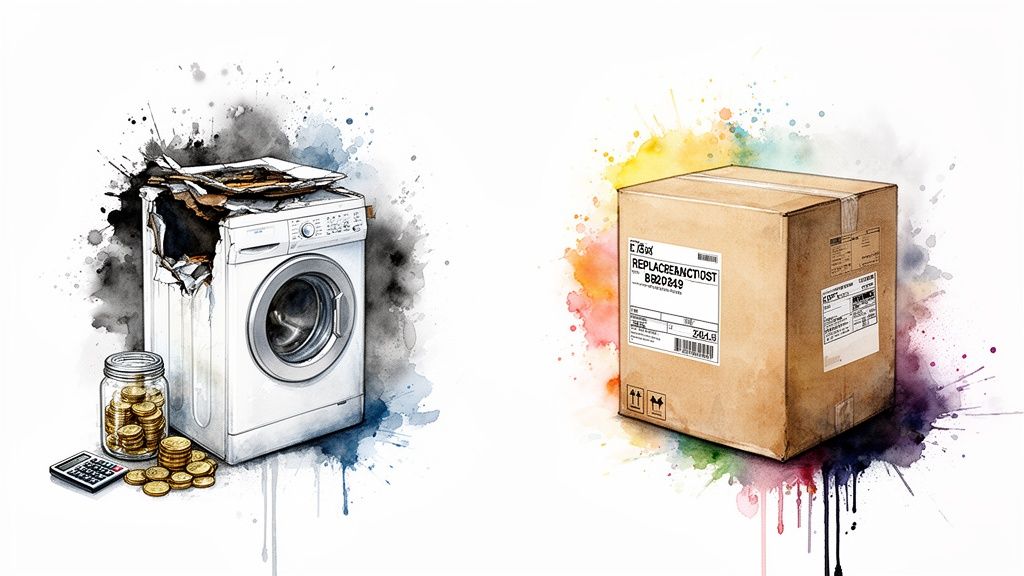 Watercolor illustration depicting a broken washing machine, money, a calculator, and a new replacement box.