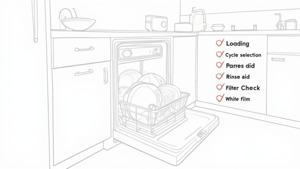 Line drawing of a kitchen with an open dishwasher full of dishes and a checklist for common cleaning issues.
