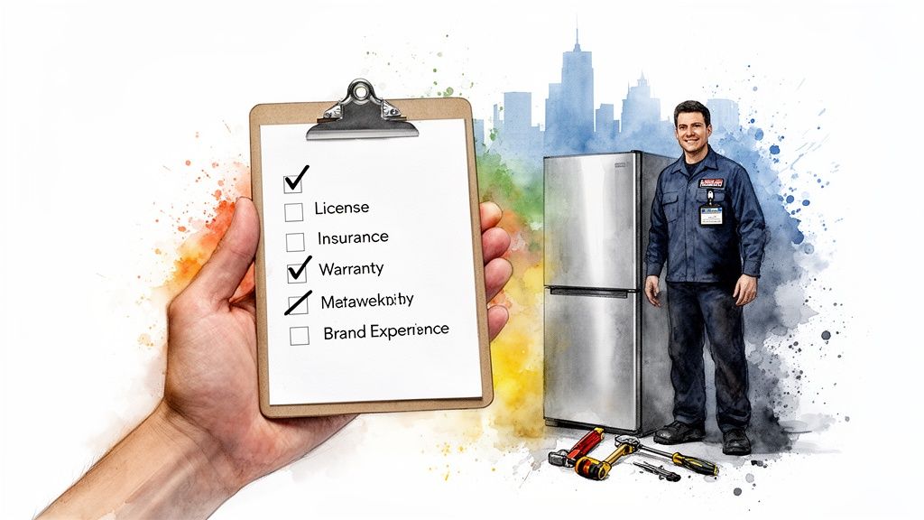 A hand holds a checklist with items like License and Warranty. A smiling appliance technician stands by a fridge.