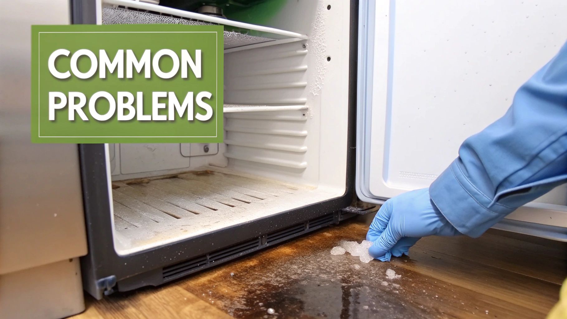 A person in blue gloves cleans up melted ice from the floor in front of a dirty, open refrigerator, highlighting common problems.
