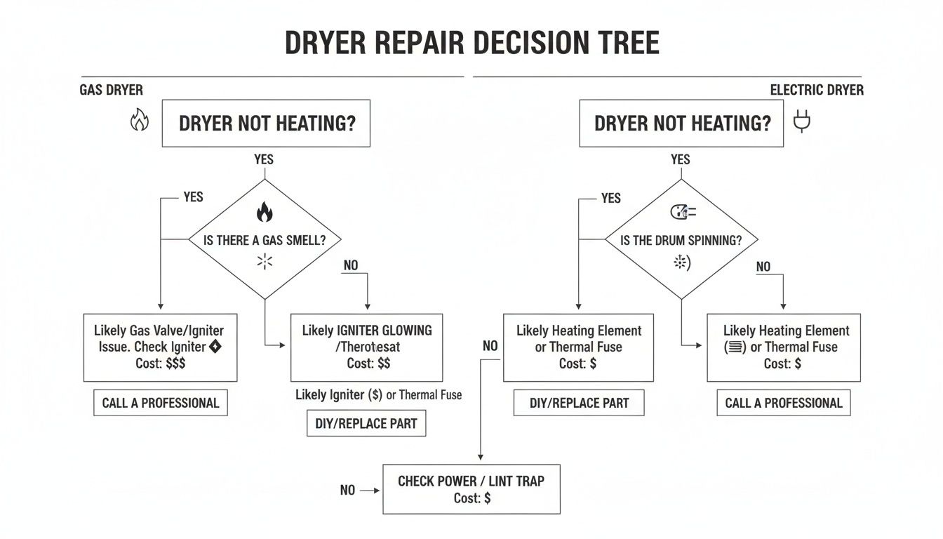 A dryer repair decision tree flowchart for both gas and electric dryers not heating.