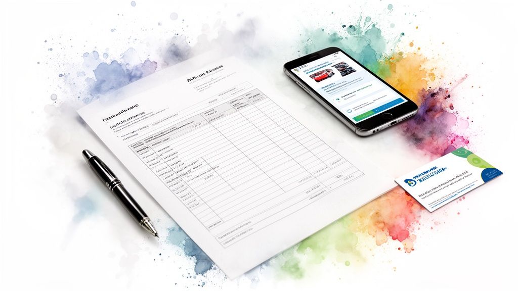 A pen, a document, a smartphone displaying car listings, and a business card on a vibrant, colorful background.
