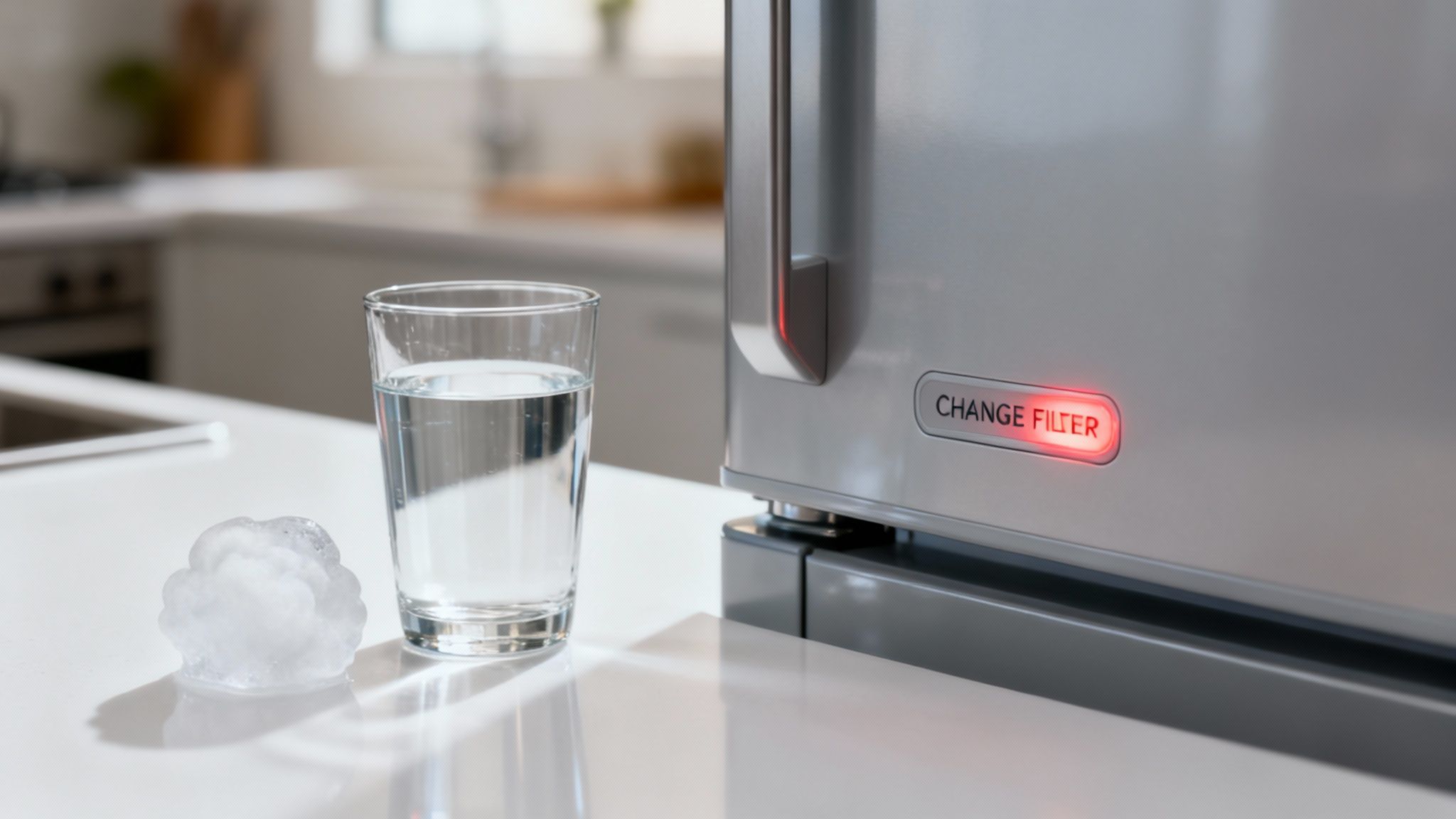 A silver refrigerator displays a red 'CHANGE FILTER' light next to a glass of water and ice.