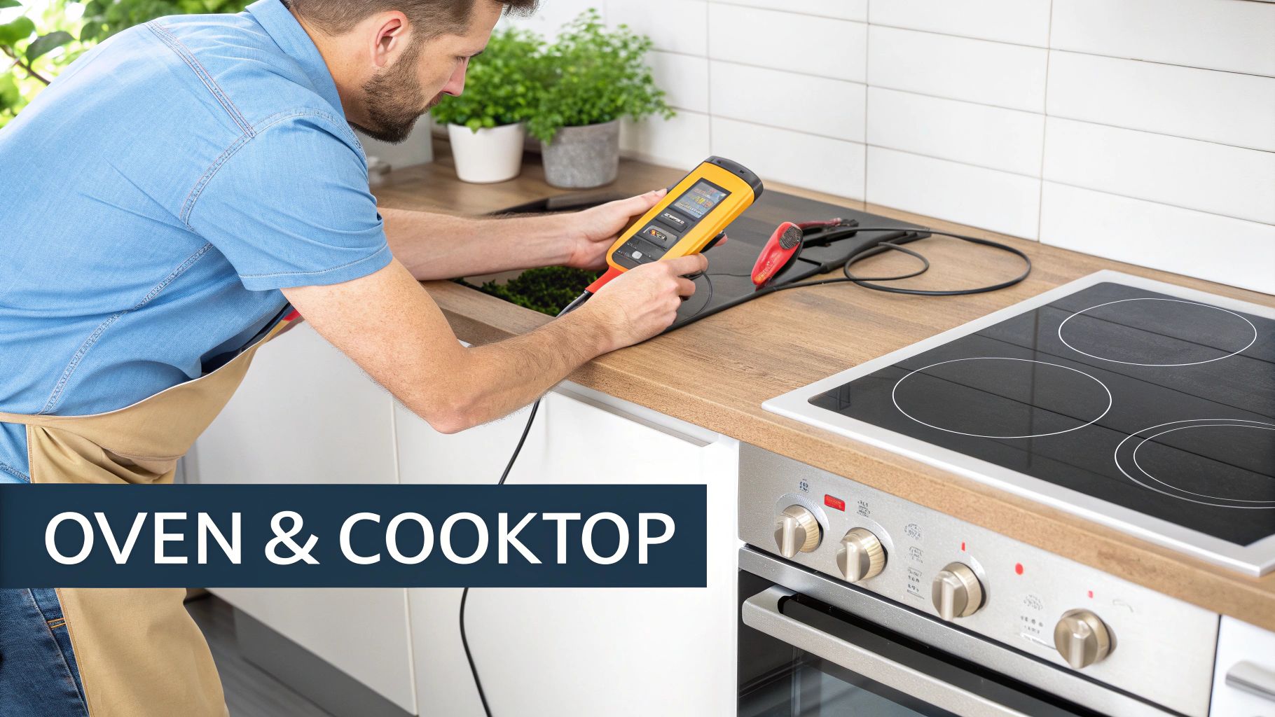 A technician uses a multimeter to inspect an induction cooktop, with an oven below, for appliance repair.