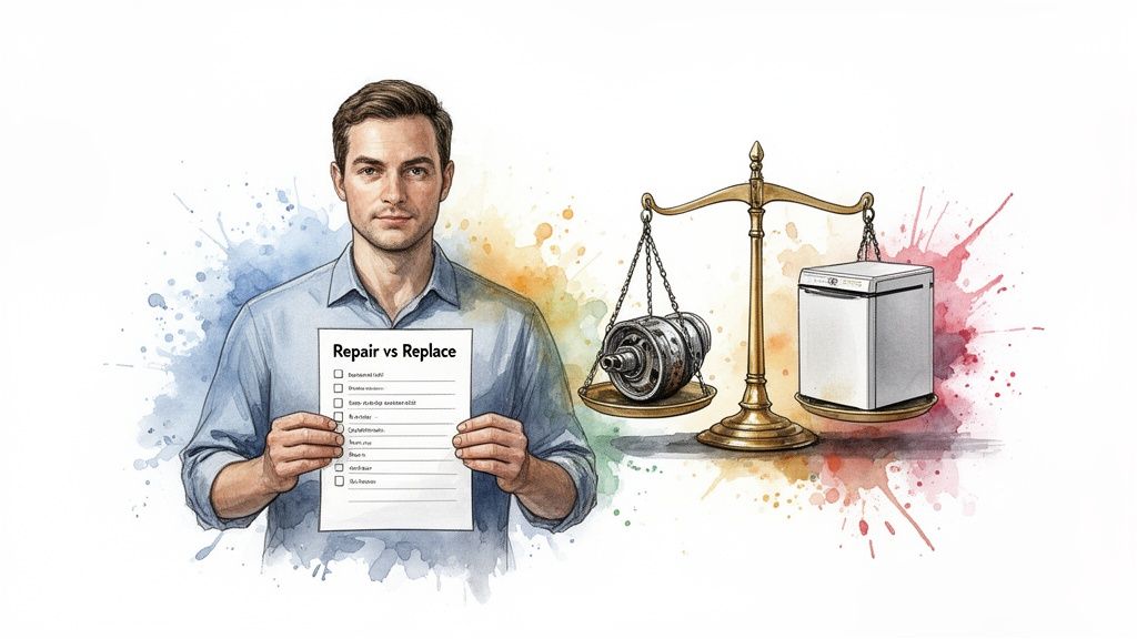A man holds a "Repair vs Replace" checklist next to scales balancing a mechanical part and an appliance.
