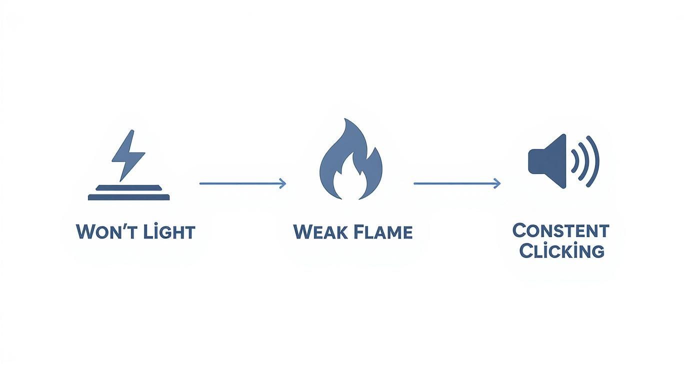 A diagram illustrating common gas cooktop issues: 'Won't Light', 'Weak Flame', and 'Constant Clicking'.