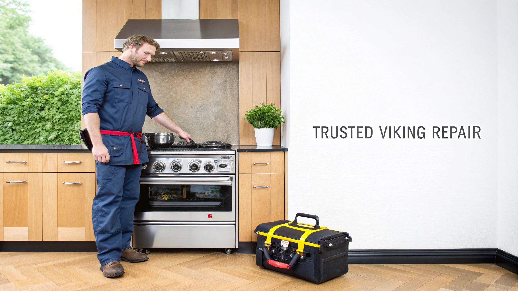 A professional technician in a blue uniform inspecting a Viking range in a modern kitchen.