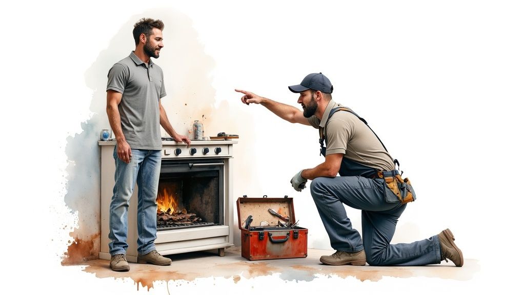 A technician points to a stove with fire while a customer stands nearby, discussing appliance repair.
