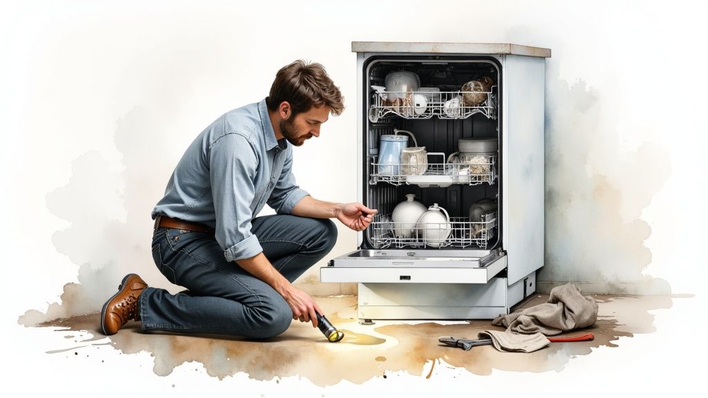 A man kneels, examining a leaking dishwasher with a flashlight, surrounded by tools and water.