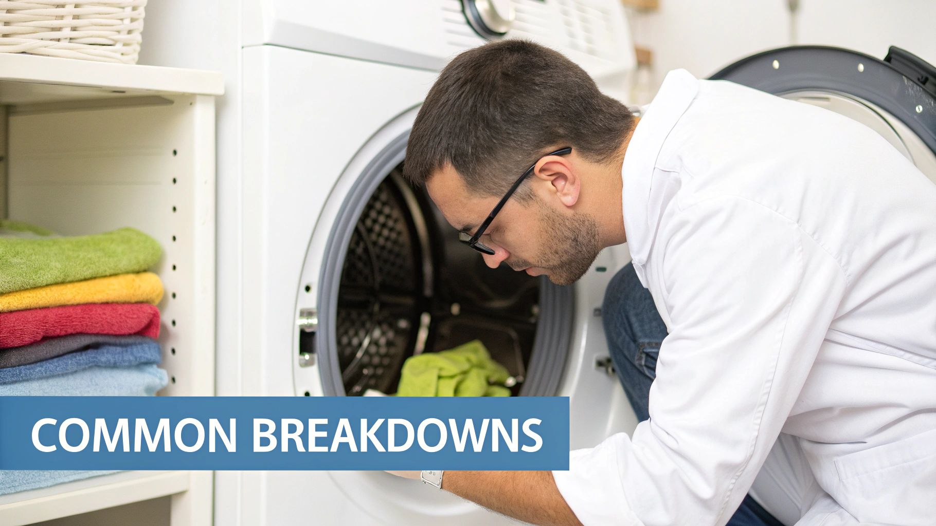 A service technician in glasses inspects the drum of a washing machine, with folded towels on a shelf.