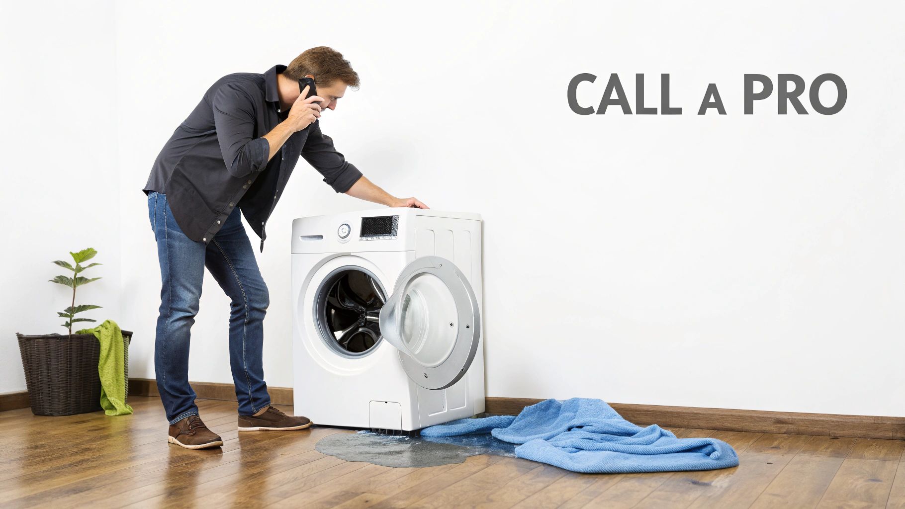 Professional technician inspecting leaking washing machine with water pooled on wooden floor calling for repair service