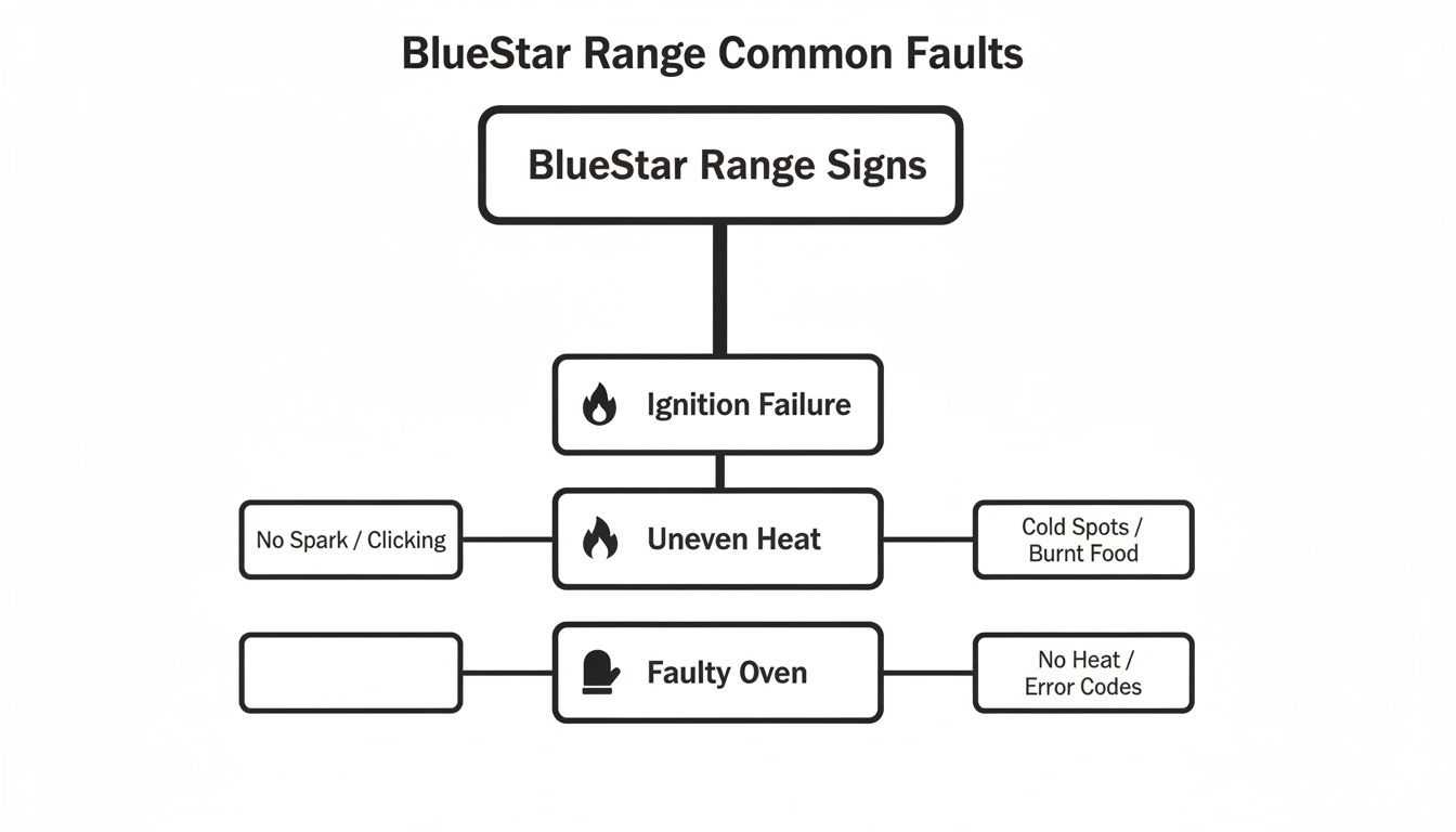 A flowchart illustrating common faults and signs for BlueStar Ranges, including ignition failure, uneven heat, and faulty oven.
