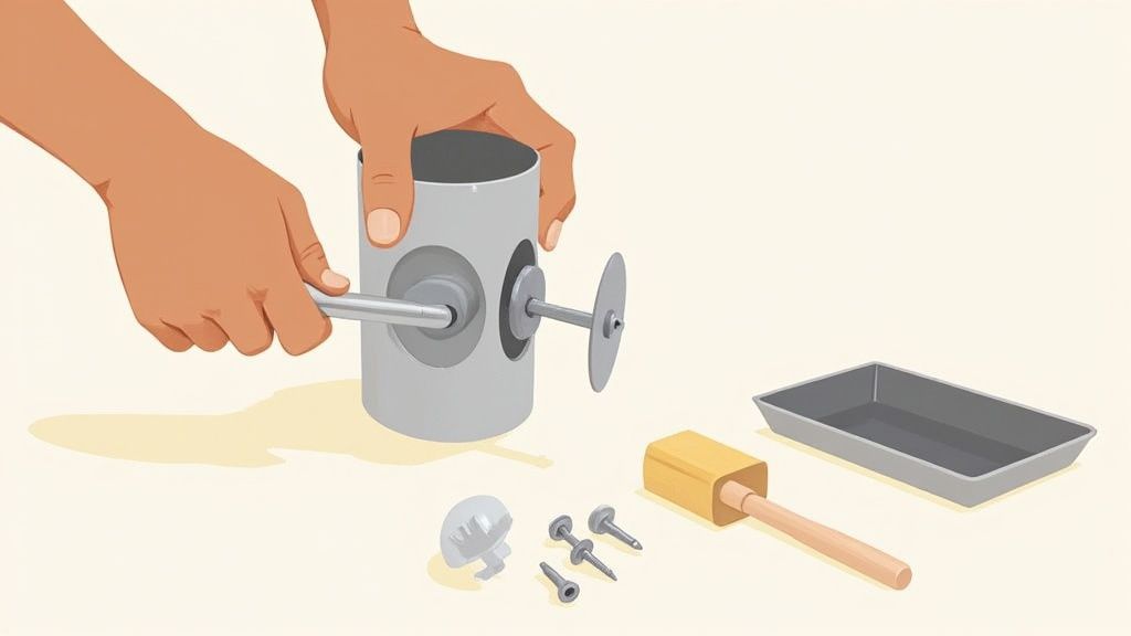Hands assembling a gray cylindrical craft tool with a rod, alongside various metal parts, a sponge, and a tray.