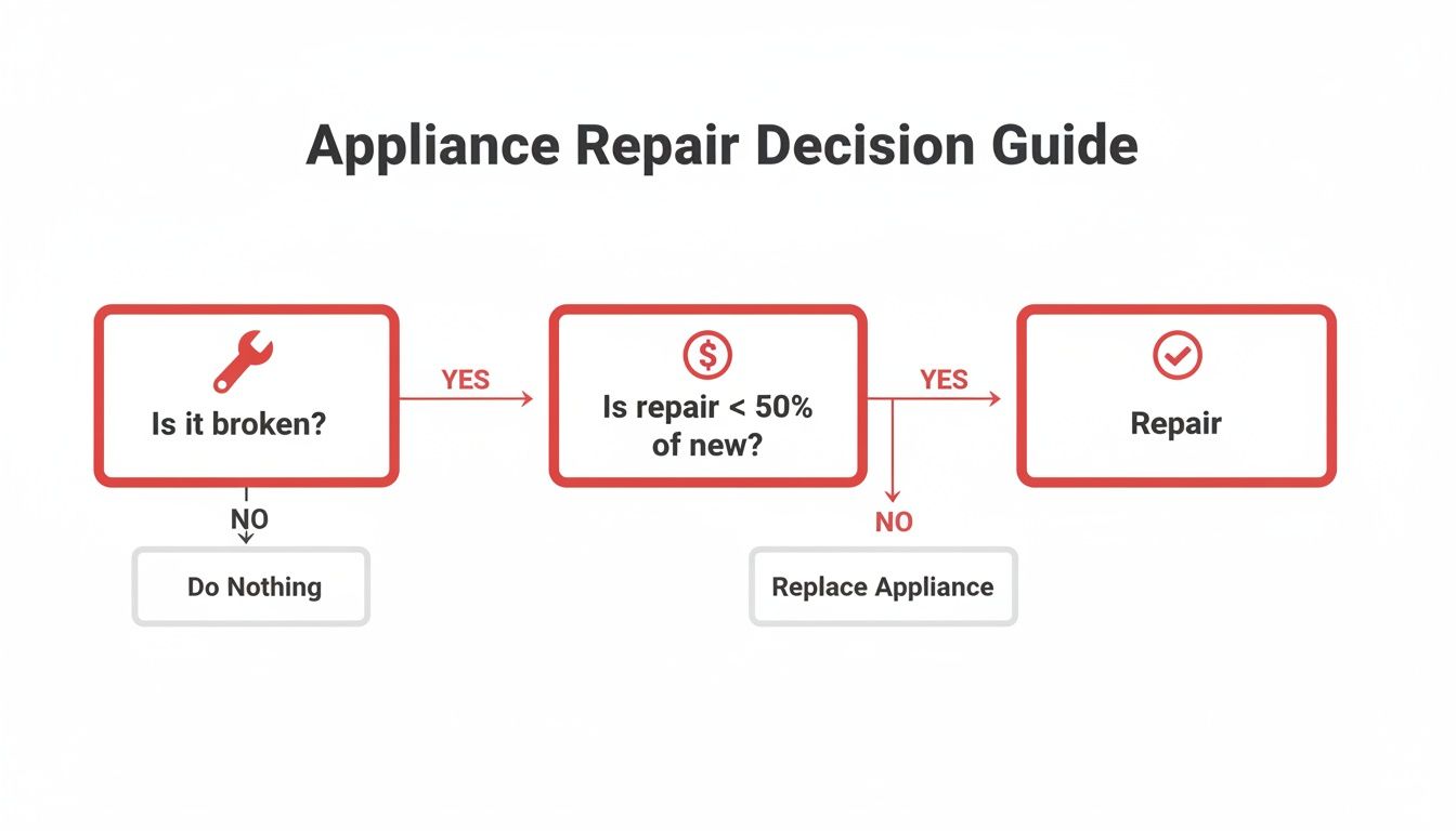 A decision flowchart for appliance repair, guiding users to repair, replace, or do nothing based on cost.