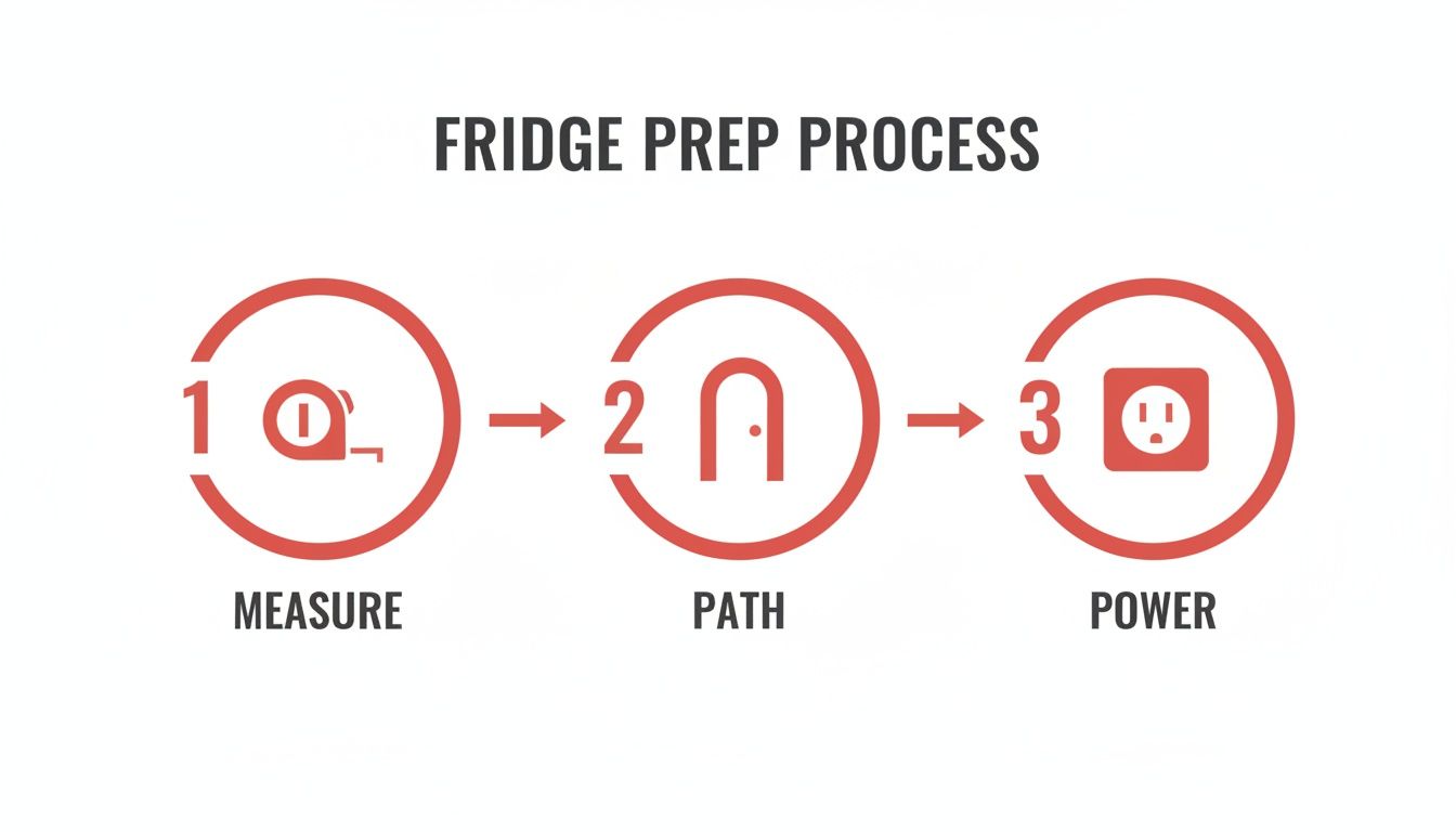 Infographic showing a three-step fridge preparation process: 1. Measure, 2. Path, and 3. Power, with corresponding icons.