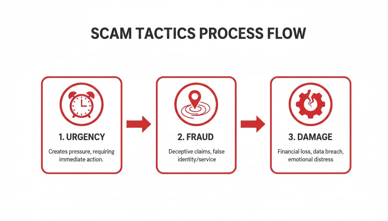 A diagram illustrating the scam tactics process flow, showing urgency, fraud, and damage as sequential steps.