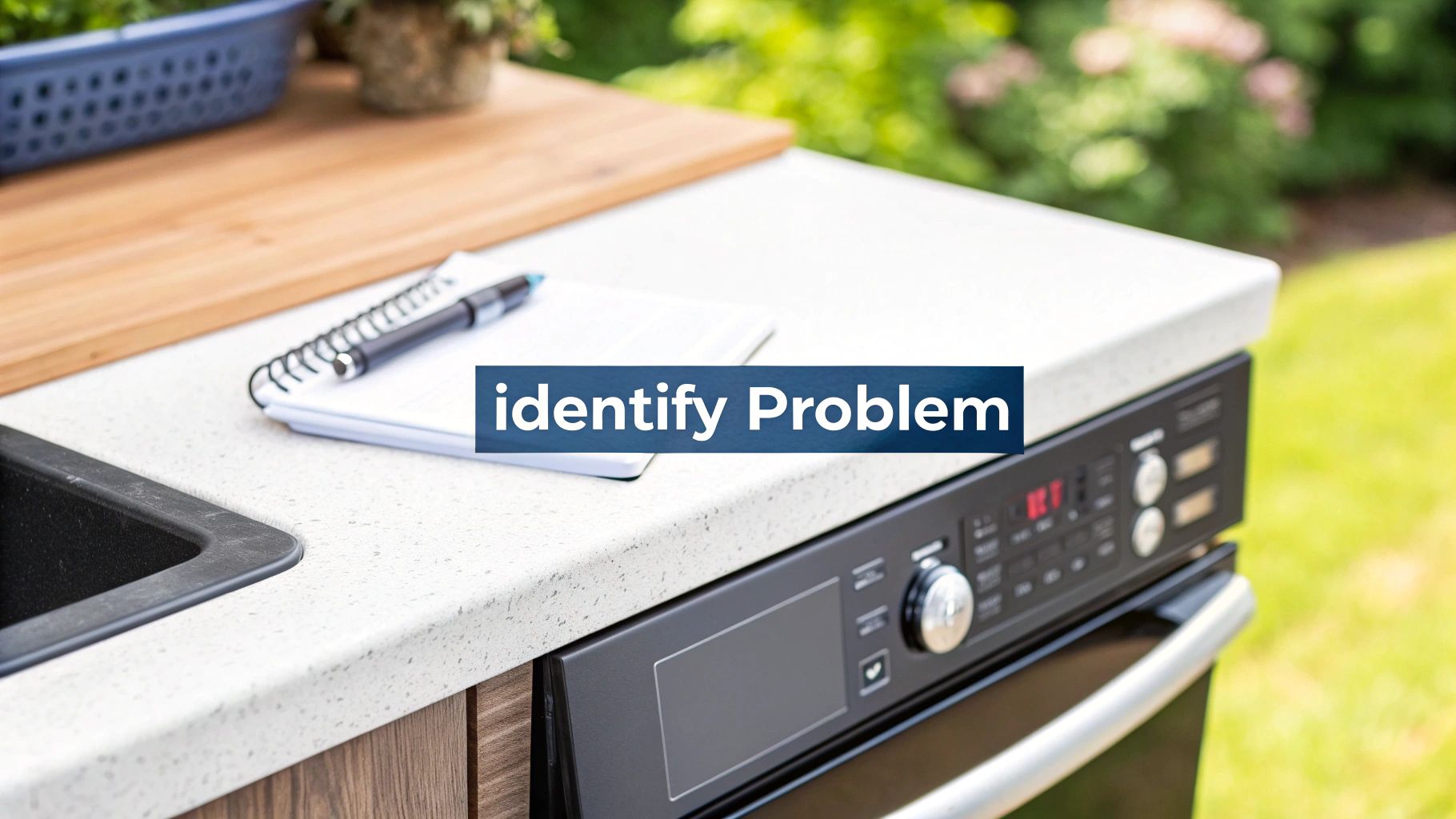 A KitchenAid built-in outdoor appliance with a control panel and text overlay 'identify Problem' on a countertop.