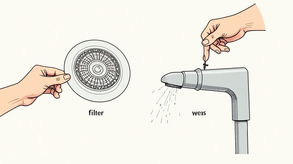 Two hands demonstrate plumbing actions: one holds a filter, the other presses a faucet button releasing water.