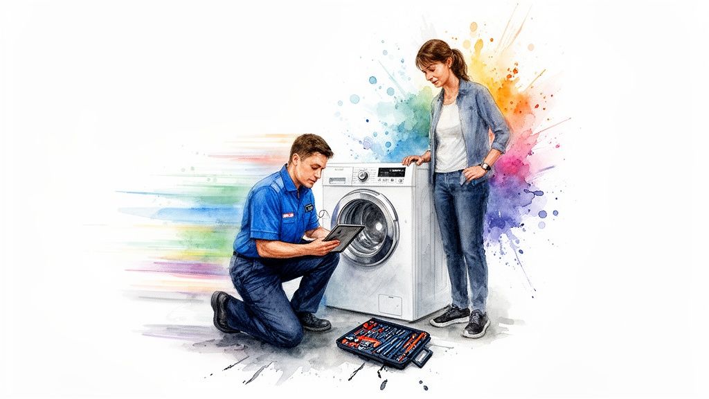 Service technician kneeling, inspecting a washing machine with a tablet, customer observing.