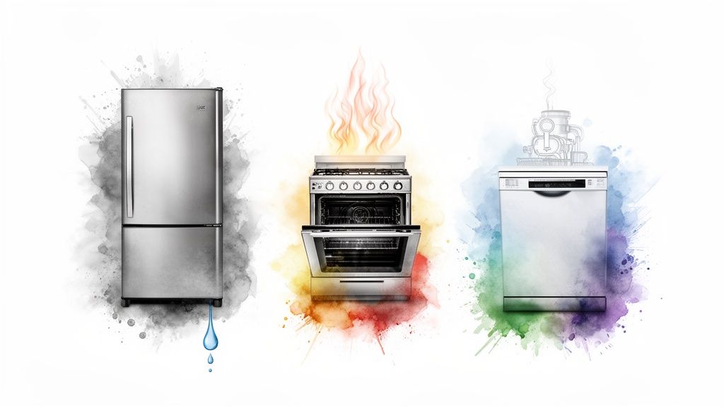 Three kitchen appliances: a refrigerator, oven, and dishwasher, with watercolor splashes and effects.