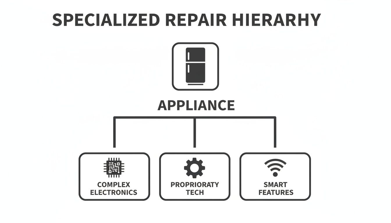 A diagram illustrating the specialized repair hierarchy for appliances, including complex electronics, proprietary tech, and smart features.