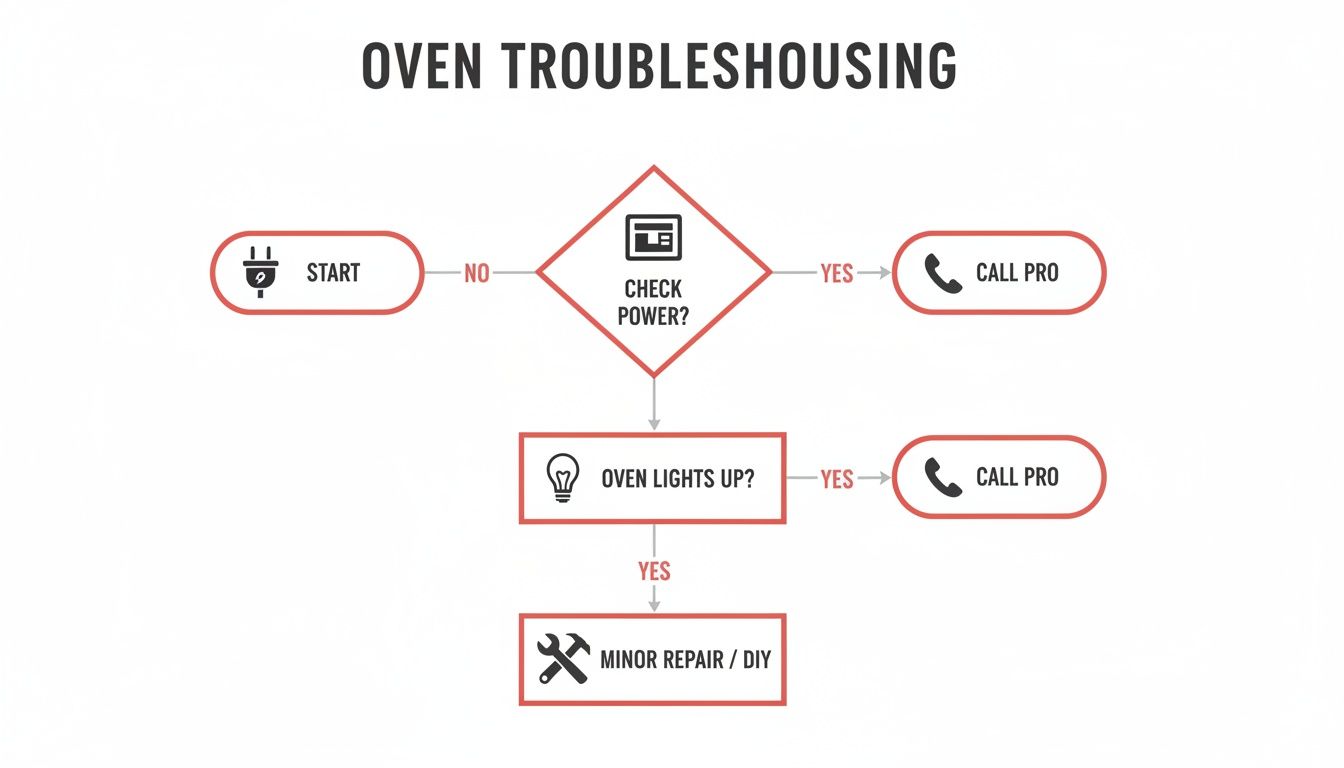 A flowchart outlining oven troubleshooting steps, including checking power, oven lights, and deciding whether to call a professional or perform a minor DIY repair.