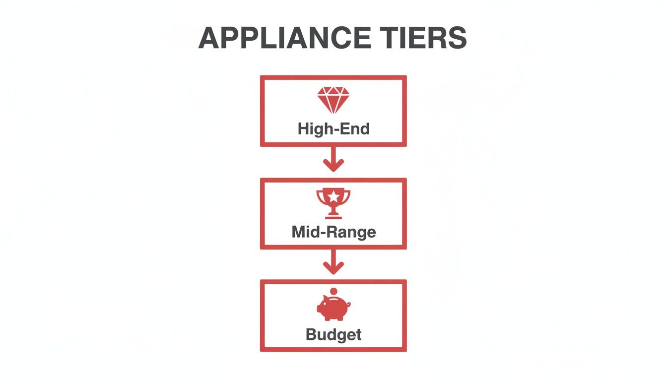 A visual flowchart of appliance tiers: High-End (diamond), Mid-Range (trophy), and Budget (piggy bank).