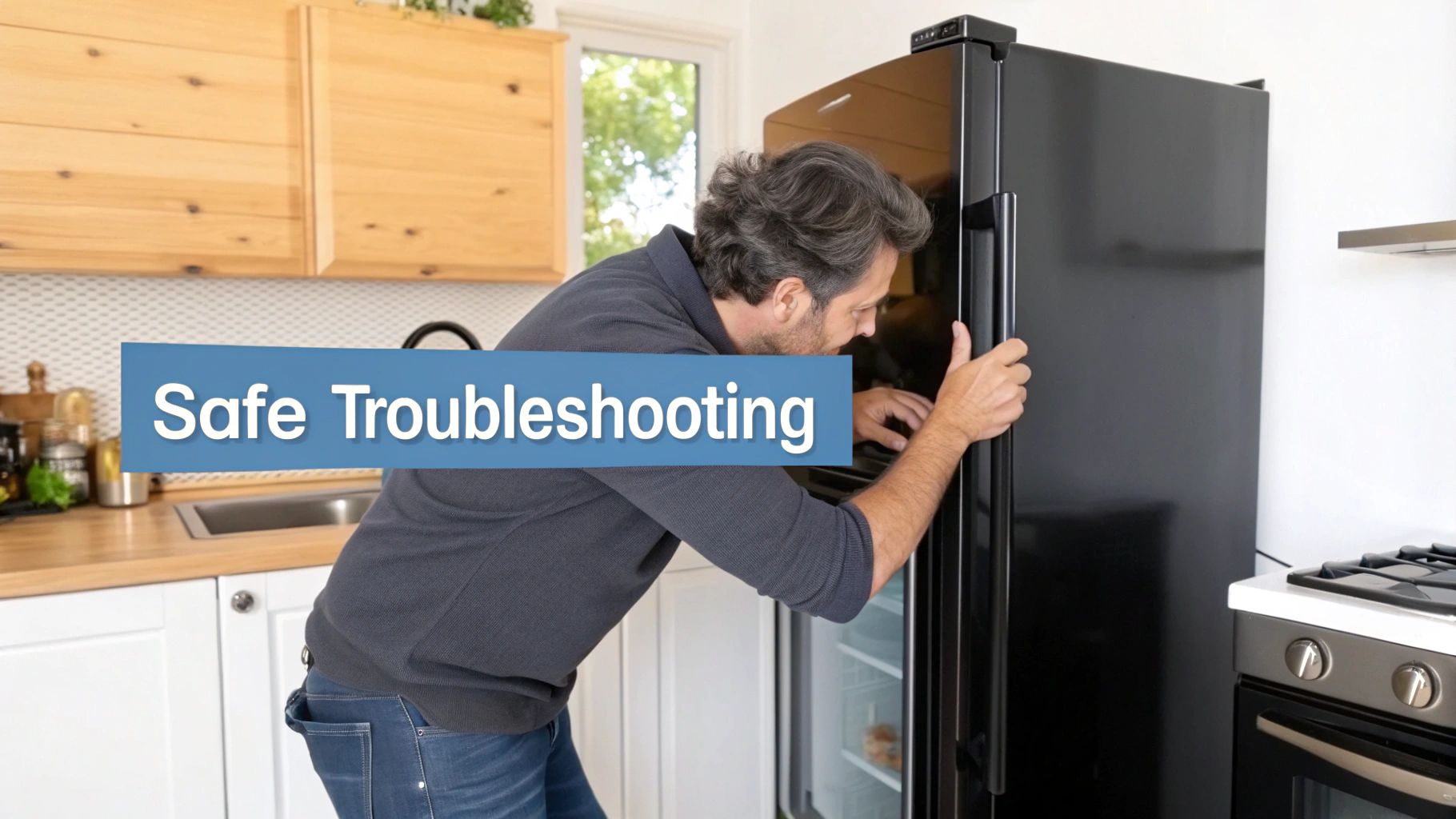 A man in a modern kitchen bending down to inspect the inside of a black refrigerator.