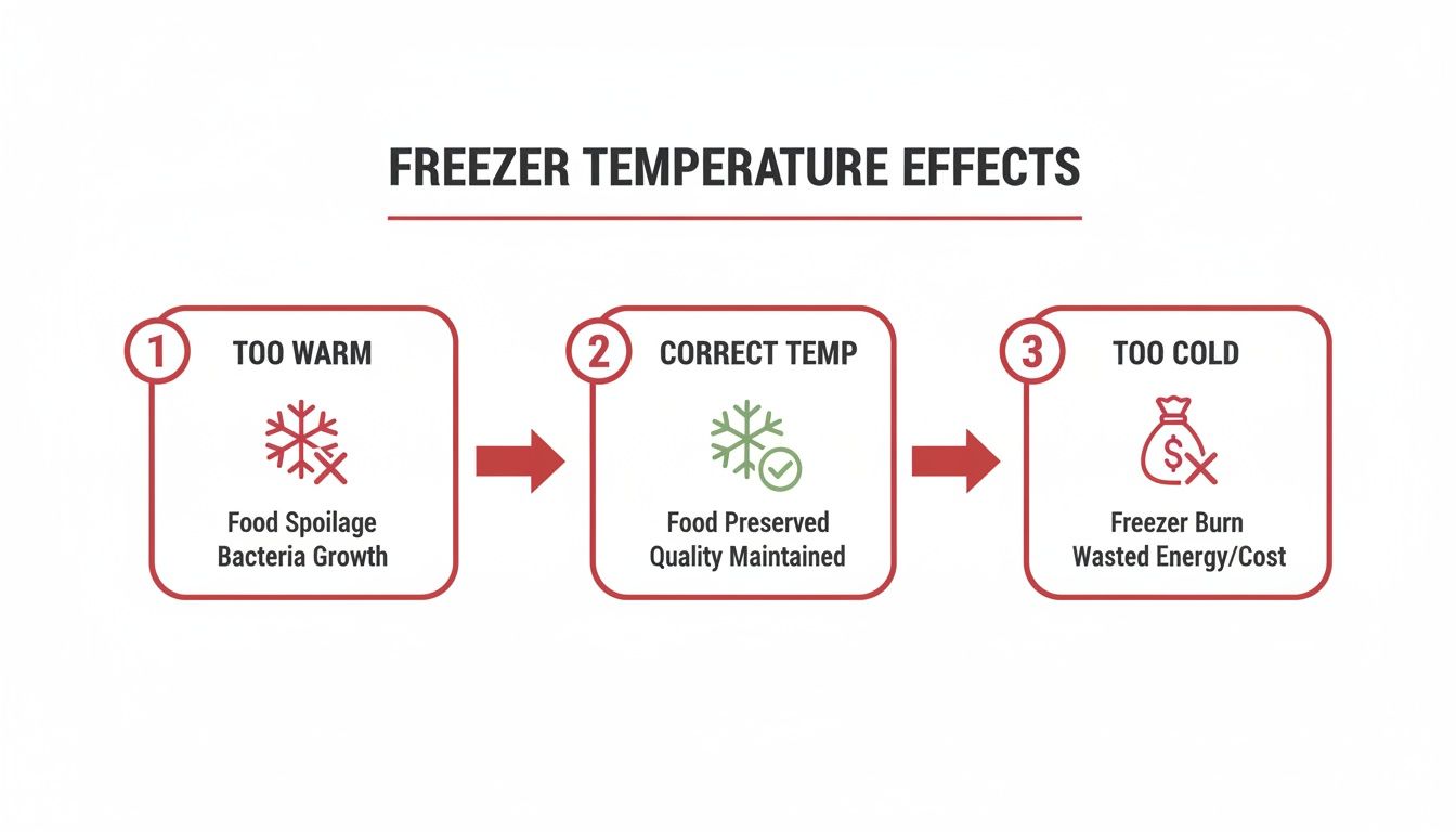 A diagram illustrates the effects of freezer temperatures: too warm causes spoilage, correct preserves food, and too cold leads to freezer burn and wasted energy.